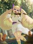  1girl absurdres big_hair blonde_hair bridal_gauntlets chipmunk dappled_sunlight dress drill_hair elise_(fire_emblem) fire_emblem fire_emblem_fates forest highres instrument keldancon long_hair looking_at_viewer music nature no_nose open_mouth parted_bangs playing_instrument purple_eyes rabbit solo squirrel sunlight tree twin_drills twintails violin white_dress 