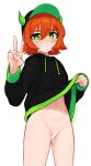  1girl bar_censor black_hoodie blush borrowed_character bottomless censored cleft_of_venus clothes_lift drawstring fake_horns green_eyes hair_between_eyes hat hood hood_down hoodie hoodie_lift horned_headwear horns lifted_by_self long_sleeves looking_at_viewer navel nose_blush orange_hair original pussy short_hair simple_background smile solo tears twitter_username v white_background yoako 