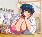  1girl 4others :t absurdres black_choker black_hair blue_eyes blunt_bangs blush bra breast_rest breasts breasts_on_table bursting_breasts cafe choker cleavage commentary crowd english_commentary faceless head_rest highres huge_breasts looking_at_another looking_at_viewer mai_munah multiple_others mun_(mai_munah) nose_blush original partially_unbuttoned pink_bra short_hair solo_focus underwear v 