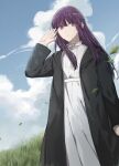  1girl black_coat closed_mouth coat dress field hand_up highres long_hair outdoors purple_eyes purple_hair sky solo sousou_no_frieren straight_hair white_dress yoichi_hnkn 