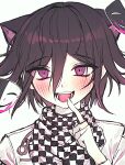  1boy animal_ears black_hair blood blush cat_ears checkered_clothes checkered_scarf danganronpa_(series) danganronpa_v3:_killing_harmony grey_background hair_between_eyes hair_intakes hand_up highres index_finger_raised male_focus mask medium_hair ouma_kokichi pink_blood pink_eyes qing_yue scarf simple_background smile solo teeth tongue tongue_out white_background 