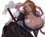  1girl absurdres artist_name bad_anatomy black_kimono bleach blue_eyes blush breasts brown_hair cleavage clenched_hand contortion flexible gigantic_breasts hair_intakes hand_on_own_hip hand_up highres ibuo_(ibukht1015) japanese_clothes jewelry kimono knees_up long_hair long_sleeves looking_at_viewer matsumoto_rangiku mole mole_under_mouth necklace parted_bangs parted_lips pink_shawl pleated_kimono sash shawl sheath sheathed simple_background smoke solo sword thick_lips weapon white_background white_sash wide_sleeves zanpakutou 