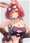  1girl animal_ears bare_shoulders blush border brown_gloves calm_mashiro cleavage_cutout clothing_cutout commentary_request gloves goggles goggles_on_head grey_background grin hands_on_own_hips head_tilt hound_(sekaiju) hound_2_(sekaiju) looking_at_viewer midriff navel one_eye_closed open_clothes open_vest outside_border pink_hair pouch sekaiju_no_meikyuu sekaiju_no_meikyuu_5 short_hair simple_background smile solo stomach strapless tube_top upper_body vest white_border yellow_eyes 