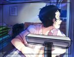  1boy adachi_tooru bespectacled black_hair book book_stack collared_shirt desk_lamp glasses grimace indoors kuga_hotaru lamp looking_outside looking_to_the_side male_focus messy_hair night paper persona persona_4 shirt short_hair short_sleeves sitting solo white_shirt 