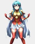  1girl aqua_eyes aqua_hair armor blush breastplate cape commentary_request commission eirika_(fire_emblem) fingerless_gloves fire_emblem fire_emblem:_the_sacred_stones fire_emblem_heroes gloves highres long_hair looking_at_viewer miniskirt red_footwear red_gloves red_shirt red_thighhighs shirt short_sleeves shoulder_armor skeb_commission skirt smile thighhighs white_cape white_skirt yozu_(yozu0420) zettai_ryouiki 