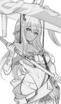  1girl absurdres armor bare_shoulders breasts cleavage clothing_cutout collarbone goddess_of_victory:_nikke greyscale hair_between_eyes hat highres hip_bones holding holding_sword holding_weapon japanese_armor jingasa kote kurone_rinka large_hat leotard long_hair looking_at_viewer medium_breasts monochrome scarlet_(nikke) sheath sidelocks simple_background sketch smile solo sword unfinished weapon white_background 