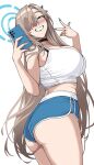  1girl ass asuna_(blue_archive) bare_shoulders blue_archive blue_eyes blue_ribbon blue_shorts blush breasts camisole cellphone choker dolphin_shorts grin hair_over_one_eye hair_ribbon halo hella_p highres large_breasts light_brown_hair long_hair looking_at_viewer phone ribbon short_shorts shorts smile solo thighs very_long_hair white_camisole 
