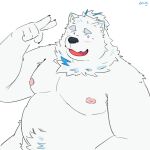  2023 anthro belly big_belly black_nose blush canid canine canis domestic_dog hi_res humanoid_hands kemono lifewonders live_a_hero male mammal moobs nipples overweight overweight_male simple_background solo thatdouginme white_background white_body yohack 