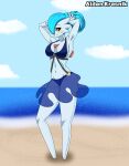  2021 aidan_kresnik beach black_sclera blue_hair clothing facial_markings featureless_feet gardevoir generation_3_pokemon hair hair_over_eye head_markings hi_res humanoid markings midriff navel nintendo not_furry one_eye_obstructed orange_eyes pokemon pokemon_(species) ponytail raised_arms sand seashore seaside shiny_pokemon signature swimwear 