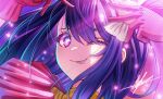  1girl absurdres animatrix20 blush close-up closed_mouth commentary double_v dress frilled_gloves frills gloves hair_between_eyes hair_ornament highres hoshino_ai_(oshi_no_ko) idol long_hair one_eye_closed oshi_no_ko pink_dress pink_gloves purple_eyes purple_hair rabbit_hair_ornament signature solo star-shaped_pupils star_(symbol) swept_bangs symbol-shaped_pupils tongue tongue_out turtleneck_dress v 