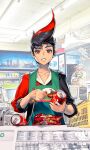  1boy can convenience_store destiny_child game_cg hood hoodie master_(destiny_child) non-web_source official_art red_eyes shop soda_can 