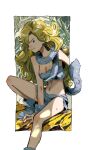  1girl ayla_(chrono_trigger) blonde_hair blue_eyes breasts chrono_trigger cleavage curly_hair food_in_mouth highres kebe6p long_hair looking_at_viewer navel solo 