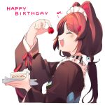  1girl :d animal_ears brown_hair cake cake_slice closed_eyes dog_ears dog_hair_ornament fang food from_side fruit hair_ornament happy_birthday holding holding_food holding_fruit holding_plate inui_toko inui_toko_(1st_costume) long_hair long_sleeves maid_headdress nijisanji plate smile solo strawberry strawberry_shortcake sukuna136 twintails upper_body virtual_youtuber 