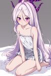  1girl ahoge bare_arms bare_shoulders barefoot between_legs blue_archive blush breasts camisole closed_mouth collarbone demon_horns dress full_body grey_background halo hand_between_legs highres hina_(blue_archive) horns long_hair looking_at_viewer multiple_horns on_bed parted_bangs purple_eyes purple_halo simple_background sitting sleeveless small_breasts solo stariajuice strap_slip very_long_hair wariza white_dress white_hair 