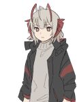  1girl ahoge alternate_eye_color antennae arknights black_jacket bright_pupils brown_eyes demon_horns grey_hair grey_shirt horns jacket long_sleeves looking_at_viewer open_clothes open_jacket pe3075 shirt short_hair simple_background solo w_(arknights) white_background white_pupils 