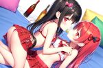  ai-generated alcohol ass black_hair blush breasts long_hair non-web_source ochikobore_fruit_tart on_bed plaid plaid_skirt red-skirt red_eyes red_hair self-upload skirt small_breasts tagme volpe4313 