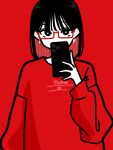  1girl black_eyes black_hair commentary daikei_625 earrings glasses hand_up highres holding holding_phone hoop_earrings jewelry long_sleeves looking_at_viewer multicolored_hair original phone red-framed_eyewear red_background red_hair semi-rimless_eyewear shirt short_hair simple_background solo swept_bangs symbol-only_commentary taking_picture two-tone_hair under-rim_eyewear upper_body 