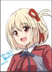  1girl artist_name blonde_hair bob_cut dated diesel-turbo dress hair_ribbon lycoris_recoil lycoris_uniform nishikigi_chisato open_mouth red_dress red_eyes red_ribbon ribbon school_uniform short_hair simple_background smile solo twitter_username two-tone_dress upper_body white_background 