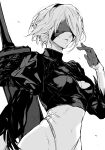  1girl 2b_(nier:automata) absurdres blindfold breasts cleavage_cutout clothing_cutout covered_eyes feather-trimmed_sleeves gloves greyscale highres leotard long_sleeves medium_breasts mole mole_under_mouth monochrome nier:automata nier_(series) nishiii26miii parted_lips short_hair solo sword upper_body weapon weapon_behind_back white_background 