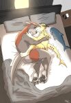  2021 anthro bed blahaj boyfriends butt claws codan codans detailed_background duo embrace feet fin fish fur furniture hair hi_res hug ikea kangaroo love macropod male male/male mammal marine markings marsupial nude pawpads pseudo_hair red_back red_body red_fur red_hair requiem_shark shark size_difference sleeping tentacle_hair tentacles tiger_shark yellow_body 