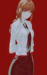  1girl arms_behind_back black_necktie black_skirt braid braided_ponytail chainsaw_man closed_mouth collared_shirt commentary english_commentary fov_ps long_hair long_sleeves looking_at_viewer makima_(chainsaw_man) necktie office_lady red_background red_hair ringed_eyes shirt sidelocks simple_background skirt smile solo white_shirt yellow_eyes 