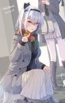  2girls artist_name blush boots coat dated fringe_trim fuyutsuki_(kancolle) grey_coat grey_eyes grey_footwear grey_hair highres himeyamato kantai_collection knee_boots long_hair long_sleeves multicolored_clothes multicolored_scarf multiple_girls one_side_up open_clothes open_coat open_mouth pantyhose scarf signature skirt suzutsuki_(kancolle) white_pantyhose white_skirt 