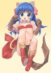  1girl :d animal_ears bangs bikini bikini_top_only blue_eyes blue_hair blush boots bow brooch brown_capelet brown_gloves capelet cat_brooch cat_ears commentary_request elbow_gloves emurin flat_chest full_body gloves hair_bow highres jewelry long_hair looking_at_viewer mage_(ragnarok_online) majiko_(emurin) midriff navel open_mouth outline pelvic_curtain pink_bow ragnarok_online red_bikini red_footwear red_skirt showgirl_skirt skirt smile solo star-shaped_pupils star_(symbol) swimsuit symbol-shaped_pupils white_outline yellow_background 