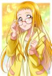  1girl 2023 :p aged_up artist_name blonde_hair commentary_request dated eyelashes glasses gradient_background hanzou happy highres jacket kasugano_urara_(yes!_precure_5) kibou_no_chikara_~otona_precure_&#039;23~ long_hair looking_at_viewer precure smile solo tongue tongue_out twitter_username yellow_background yellow_eyes yellow_jacket yellow_theme yes!_precure_5 yes!_precure_5_gogo! 