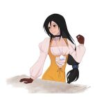  1girl artist_name black_choker black_hair bodysuit breasts brown_eyes brown_gloves choker final_fantasy final_fantasy_ix garnet_til_alexandros_xvii gloves hair_between_eyes hair_tie highres jewelry juliet_sleeves lace-up_top light_blush long_hair long_sleeves looking_to_the_side low-tied_long_hair medium_breasts orange_bodysuit pendant puffy_sleeves shirt smile solo underbust upper_body vanekairi white_background white_shirt 