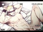  1boy abs arms_up bara blindfold blonde_hair bound bound_wrists completely_nude cuffs flaccid handcuffs kyosuke large_pectorals lying male_focus muscular muscular_male navel nipples nude on_back on_bed out-of-frame_censoring pectorals penis penis_peek recording reiner_braun shingeki_no_kyojin short_hair solo spread_legs stomach sweatdrop viewfinder 