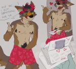  &lt;3 anthro armpit_hair body_hair canid canine clothing condom hair hand_in_underwear heterochromia hi_res jewelry letter male male/male mammal necklace pubes red_hair sexual_barrier_device sicklyhypnos solo speech_bubble tail text underwear 