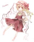  1girl ascot back_bow blonde_hair bow character_name closed_mouth collared_shirt flandre_scarlet frilled_ascot frilled_shirt_collar frills hat hat_ribbon highres light_smile long_hair looking_at_viewer mob_cap no_shoes one_side_up pink_headwear puffy_short_sleeves puffy_sleeves red_eyes red_ribbon red_skirt red_vest ribbon sato_imo shirt short_sleeves simple_background skirt skirt_set socks solo touhou vest white_background white_bow white_shirt wings yellow_ascot 