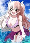  1girl bikini blonde_hair blue_sky blush breasts brown_eyes cleavage d4dj hair_ribbon half_updo highres in_water long_hair multicolored_hair ocean pink_hair ribbon shinomiya_kokoa sky smile solo split-color_hair swimsuit teeth twintails white_ribbon yu-sha-mashi-alo-fa 