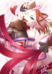  1girl absurdres animal_hands animal_nose artist_name bare_shoulders blue_eyes blurry blurry_foreground body_fur boots breasts cat_o&#039;_nine_tails claws collar commentary_request dated ear_ornament fang furry furry_female gradient_hair hair_ornament hair_stick hakumen_(housamo) half-closed_eye hand_to_own_mouth hand_up happy highres holding holding_whip huge_breasts japanese_clothes kimono long_sleeves looking_at_viewer multicolored_hair off_shoulder one_eye_closed open_mouth partial_commentary pink_background pink_kimono red_footwear red_hair sabita_kan short_hair signature smile snout solo striped striped_background textless_version thigh_boots tokyo_afterschool_summoners tongue two-tone_hair whip white_fur white_hair yagasuri 