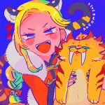  1girl akeome alchemist_(sekaiju) animal animal_ears blonde_hair blue_background blue_eyes blush_stickers braid chinese_zodiac ear_piercing extra_ears fangs happy_new_year holding holding_animal long_hair motimamire multicolored_nails open_mouth piercing sabertooth_cat sekaiju_no_meikyuu tail teeth tiger_ears tiger_girl tiger_tail upper_teeth_only year_of_the_tiger 