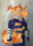  1boy absurdres armor artist_request beard beard_stubble blue_bodysuit bodysuit boku_no_hero_academia endeavor_(boku_no_hero_academia) facial_hair feet_out_of_frame fire highres large_pectorals looking_to_the_side male_focus mature_male muscular muscular_male pauldrons pectorals pyrokinesis rain sanpaku scar scar_across_eye short_hair shoulder_armor sideburns solo spiked_hair standing stubble thick_eyebrows walking 