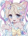  1girl :d absurdres animal_ear_fluff animal_ears blonde_hair blue_bow blue_eyes blue_hair blue_nails blue_shirt blush bow cassette_tape cat cat_ears cd chouzetsusaikawa_tenshi-chan commentary crt cursor dolphin fang floppy_disk hair_bow hair_ornament hands_up heart heart_hair_ornament highres kemonomimi_mode kerberos_(kerbe_) long_hair long_sleeves looking_at_viewer multicolored_hair multicolored_nails nail_polish needy_girl_overdose open_mouth pink_bow pink_hair pink_nails pixelated purple_bow quad_tails sailor_collar shirt smile solo symbol-only_commentary twintails upper_body yellow_bow 