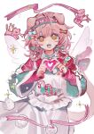  1girl :3 :d absurdres animal_ears apron arknights blue_bow blush bow braid cat_ears cat_girl cat_tail christmas cowboy_shot fang floppy_ears floral_print flower goldenglow_(arknights) goldenglow_(night_loving_servant)_(arknights) green_hairband hair_bow hairband happy heart heart_hands highres instrument italian_flag_print liangban_xiexu long_sleeves looking_at_viewer official_alternate_costume open_mouth pink_hair pink_ribbon poinsettia print_bow print_hairband red_bow red_hairband red_shirt ribbon shirt smile solo tail trumpet two-tone_hairband white_apron yellow_eyes 