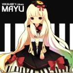  1girl black_gloves blonde_hair bow dress elbow_gloves english_text gloves hair_bow hands_on_lap hat highres holding holding_stuffed_toy lolita_fashion long_hair mayu_(vocaloid) meranoreuka_(naokentak) mini_hat necktie piano_keys piano_print red_bow red_necktie shy sleeveless sleeveless_dress smile solo stuffed_animal stuffed_toy vocaloid yellow_eyes 