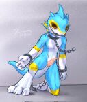  anthro aquatic_dragon bdsm blue_body bondage bound chain chain_leash claws collar cuff_(restraint) digital_media_(artwork) dragon erection fin fishy_fizz gag gagged genitals hi_res kneeling leash looking_at_viewer male marine nude paws penis restraints shackles simple_background slit solo tapering_penis 