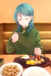  1girl aqua_hair bang_dream! blush closed_eyes commentary_request eating food fork green_sweater hair_between_eyes hikawa_sayo holding holding_fork indoors long_hair open_mouth partial_commentary plate shadow sidelocks solo sweater toto_(sa-dosama) 