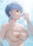  1girl absurdres blue_hair braid breasts brown_eyes collarbone crown_braid detached_sleeves english_commentary fire_emblem fire_emblem:_three_houses from_side hand_up highres large_breasts looking_ahead magdalenus27 marianne_von_edmund nipples nude parted_lips see-through see-through_sleeves short_hair sidelocks solo upper_body 