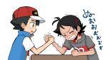  2boys antenna_hair arm_wrestling ash_ketchum black_hair blue_jacket blush brown_eyes clenched_teeth closed_eyes commentary eyelashes from_side goh_(pokemon) grey_shirt hand_up hat holding_hands jacket male_focus multiple_boys open_mouth pokemon pokemon_(anime) pokemon_journeys pokesumomo red_headwear shirt short_hair short_sleeves sleeveless sleeveless_jacket smile sweat symbol-only_commentary t-shirt teeth translation_request trembling white_background white_shirt 