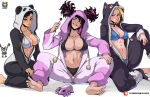  4girls abs absurdres alternate_costume animal_hood barefoot black_hair blonde_hair bra breasts cammy_white cat_hood chibi chun-li cosplay feet han_juri head_tilt heterochromia highres hood hood_up kigurumi kyoffie lily_hawk multicolored_hair multiple_girls navel official_alternate_costume official_alternate_hairstyle panda_hood panties pendant_choker pink_hair sitting soles spread_legs spread_toes stomach streaked_hair street_fighter street_fighter_6 stuffed_animal stuffed_spider stuffed_toy toes toned underwear unzipped wariza 