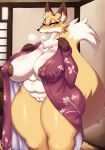  anthro areola areola_slip aroused asian_clothing bedroom_eyes big_breasts blush bodily_fluids breasts canid canine clothed clothing east_asian_clothing eyelashes female fox fur genital_fluids genitals hi_res in_heat japanese_clothing japanese_house looking_at_viewer mammal mature_female mostly_nude mrsk musk nail narrowed_eyes navel nude open_clothing pussy pussy_juice seductive slightly_chubby solo tail thick_thighs tuft undressing wide_hips 