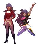  1girl absurdres arm_up ascot boots breasts bright_pupils brown_pants buttons champion_uniform charizard_pose commentary_request dark-skinned_female dark_skin dynamax_band genderswap genderswap_(mtf) hand_on_own_hip high_heel_boots high_heels highres jacket korean_commentary leggings leon_(pokemon) long_hair long_sleeves multiple_views pants pokemon pokemon_(game) pokemon_swsh purple_hair red_jacket redlhzz shield_print shirt short_shorts short_sleeves shorts sleeve_rolled_up sword_print tailcoat white_ascot white_shorts yellow_eyes 