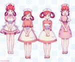  4girls :d apron breasts closed_mouth collared_dress commentary_request crossed_wrists dress eyelashes hair_rings hat highres joy_(pokemon) knees long_hair looking_at_viewer multiple_girls no_legwear nurse nurse_cap open_mouth own_hands_together pink_dress pink_hair pink_headwear plus_sign pokemon pokemon_(anime) purple_footwear sandals shoes short_sleeves smile standing white_apron white_headwear yajuuraku 