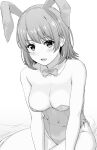  1girl :d absurdres animal_ears blush bow bowtie breasts cleavage commentary_request covered_navel detached_collar fake_animal_ears greyscale highres inanaki_shiki isshiki_iroha large_breasts leotard medium_hair monochrome open_mouth playboy_bunny rabbit_ears sitting smile solo yahari_ore_no_seishun_lovecome_wa_machigatteiru. 