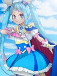  1girl blue_dress blue_eyes blue_hair blue_sky bow cape closed_mouth cloud cloudy_sky commentary cure_sky day detached_sleeves dress earrings fingerless_gloves frilled_dress frills gloves gradient_hair hairband hirogaru_sky!_precure jewelry legs_up long_hair looking_at_viewer magical_girl medium_dress multicolored_hair outdoors pink_bow pink_hairband precure puffy_detached_sleeves puffy_sleeves sakuma_(yr_0920) sky sky_mirage sleeveless sleeveless_dress smile solo sora_harewataru standing streaked_hair thighhighs twintails two-sided_cape two-sided_fabric very_long_hair white_gloves white_thighhighs wing_hair_ornament 