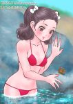  1girl bikini black_hair bow breasts brown_eyes collarbone commentary_request commission cowboy_shot crab dated hair_bow highres kamen_rider kamen_rider_stronger_(series) lips long_hair misaki_yuriko munyako navel pixiv_commission red_bikini rock small_breasts solo swimsuit twintails twitter_username wading water white_bow 